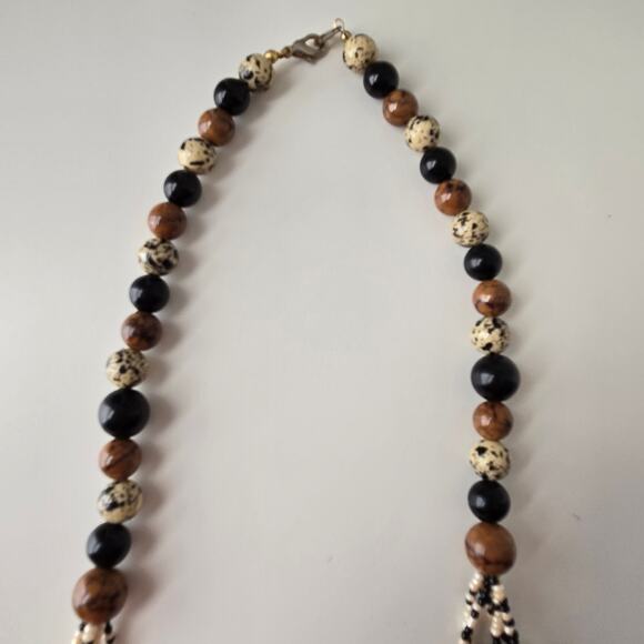Vintage African Safari Style Multi Strand Beaded Necklace Black Brown White - Picture 4 of 9